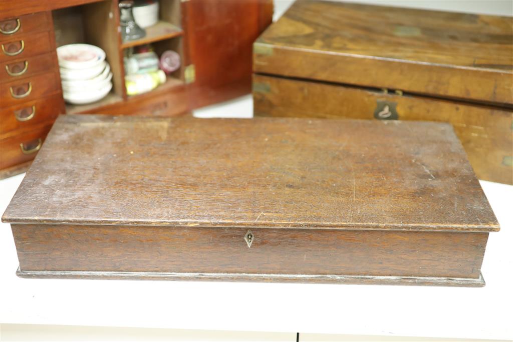 A 19th century mahogany travelling apothecary chest, a walnut writing slope and an oak document box,